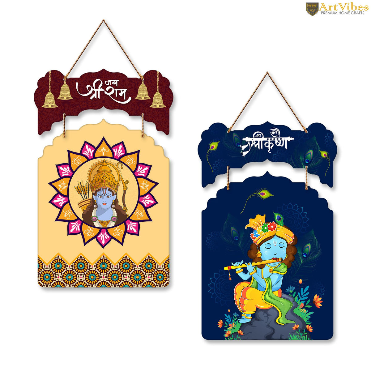 Artvibes Shri Ram and Krishna Wall And Door Hanging for Home Temple | Spiritual Decor Items | Religious Wall Art | Wall Poster | Artwork| Stylish Modern Decor Item | Gift Items (WH_9206N), Set of 2