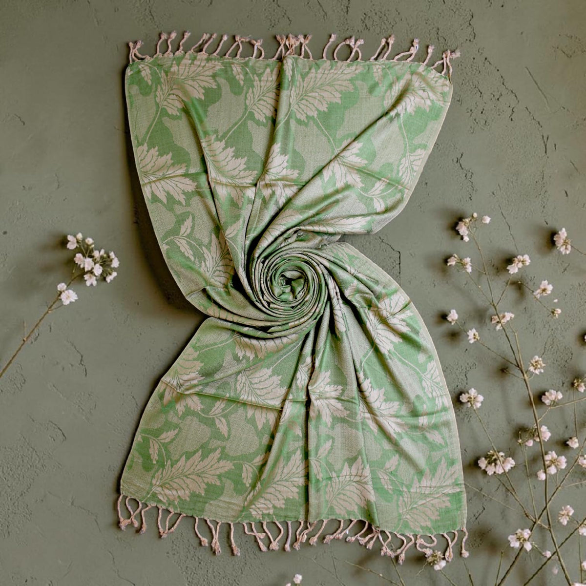 STOLE STUDIO Embellished Leaf Luxurious Viscose Stole Scarf (Beige/Mehndi)