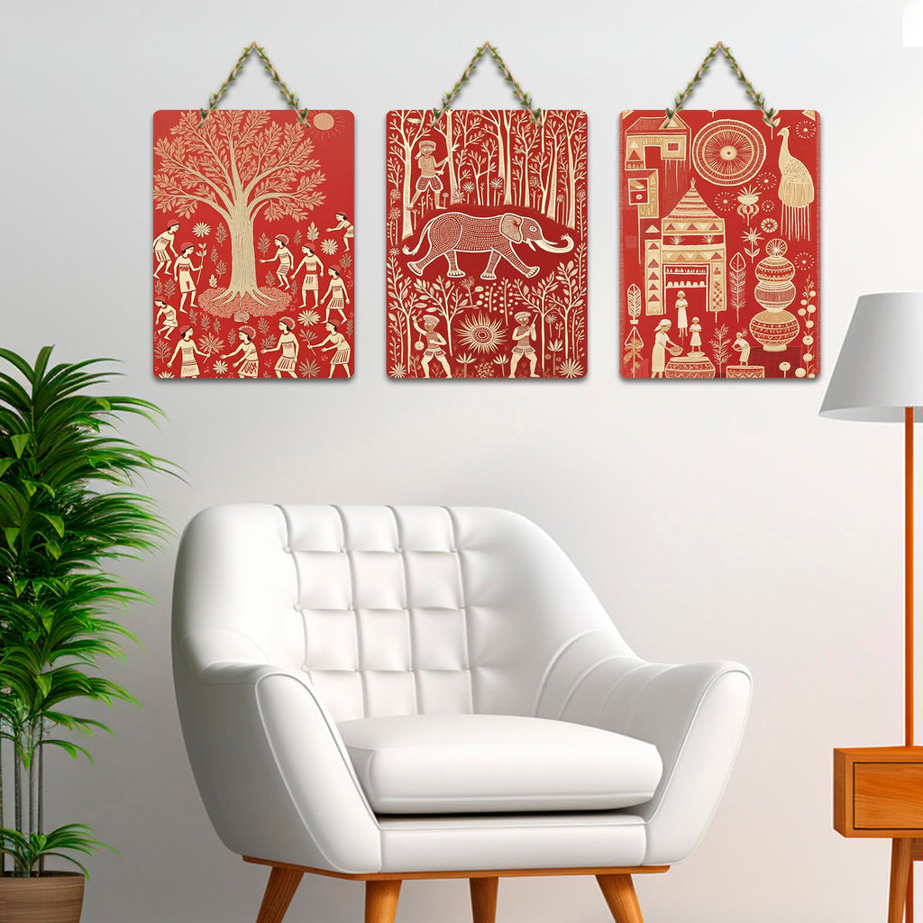 Artvibes Traditional Cultural Wall Art Decorative MDF Wooden Wall Art for Home | Handcrafted Art | Festive Decor | Wall Art Print | Paintings For Wall | Unique Gift Items (WH_96122N), Set of 3