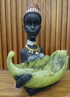 African Tribal Woman Decorative Statue with Bowl, Tribal Lady Leaf Platter Showpiece, Decorative Resin Statue for Home and Office, Traditional Tribal Pattern by Vihaan Traders & Co.