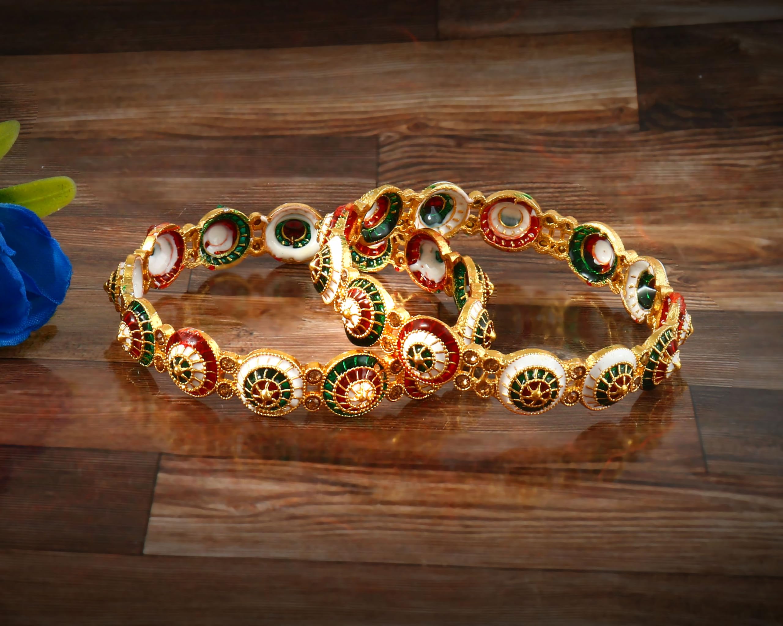 Jewar Mandi Bangle Set Traditional Indian Peacock Design Multicolor Handmade Enamel Work Meenakari Bracelets Gold-Plated 2 Piece Kada Ad Cz Multi-Stones Jewelry (Meenakari Work-2, 2.4)