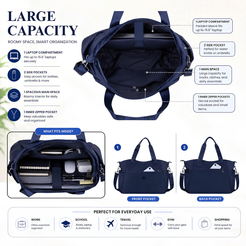 12o12 Women's Laptop Tote Bag 15.6 Inch, Water Resistant Work Tote with Laptop Compartment, Large Capacity Office Shoulder Handbag, Travel, Business, College, Teacher, Crossbody Strap (Navyblue)