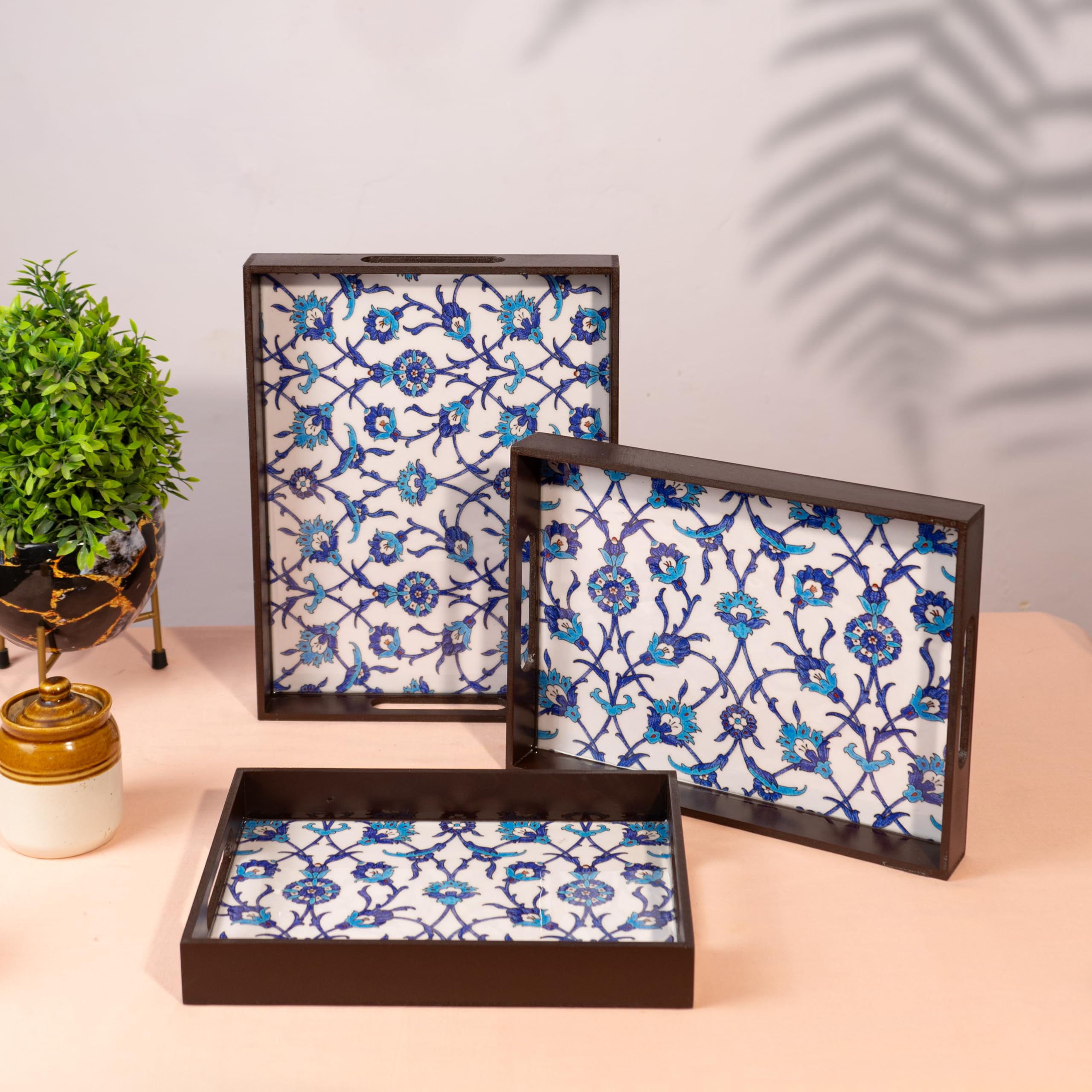 Amimashop® Wooden Serving Tray Set of 3 Premium Blue Floral Design Decorative Trays Home Decor, Tray Set Serving, Tea Trey, Kitchen Organizer Large Medium Small Sizes