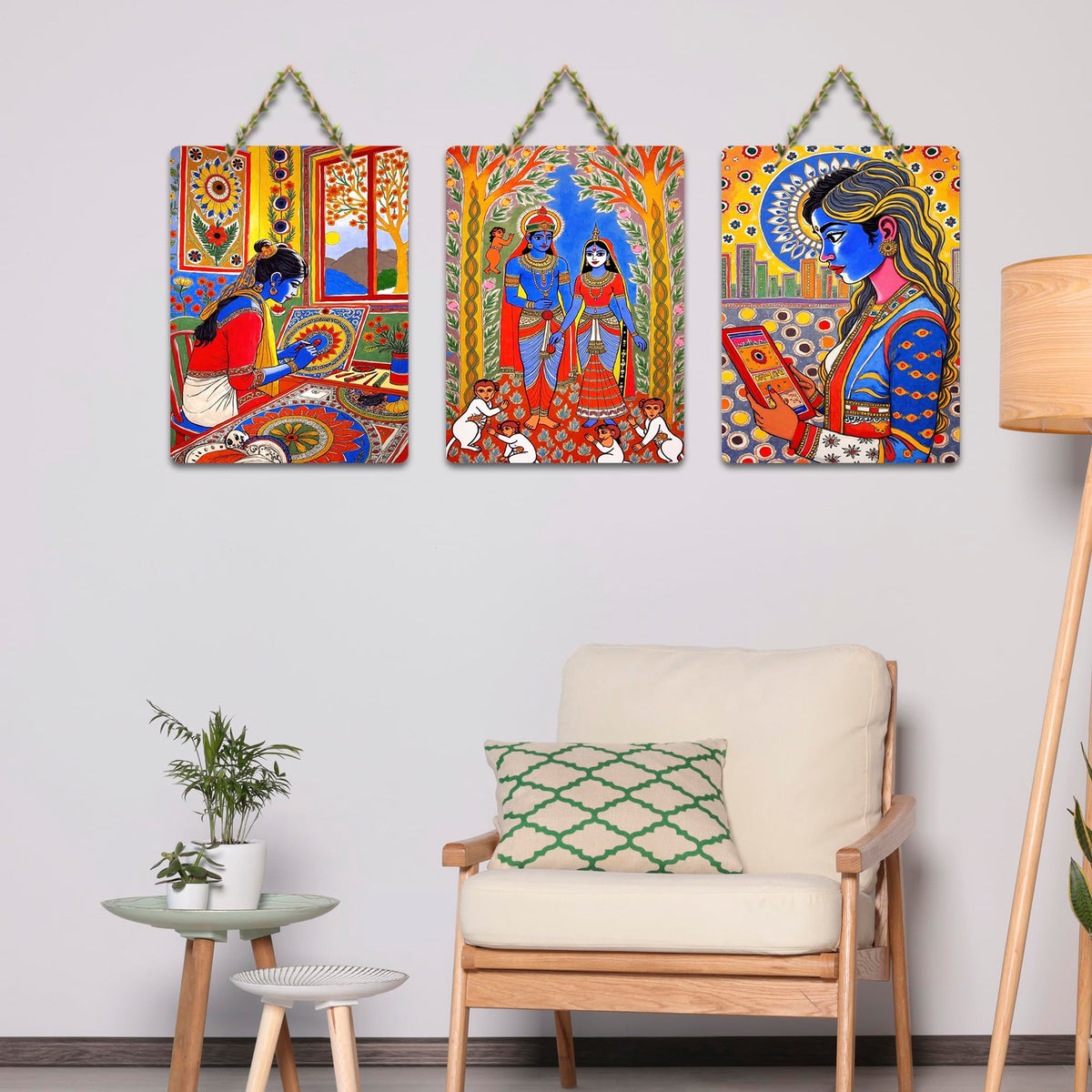 Artvibes Traditional Cultural Wooden Art Decoration Item for Home | Living Room | Office | Cafe | Painting Wall Decor | Wall Illustrations | Ethnic Wall Decor | Gift Items (WH_96120N), Set of 3