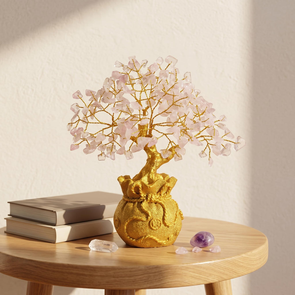 Fourteen Crystals Rose Quartz Crystal Bonsai Tree with Golden Pot | Handmade Feng Shui Tree for Love, Harmony & Healing | Home Showpiece Good Luck Gift