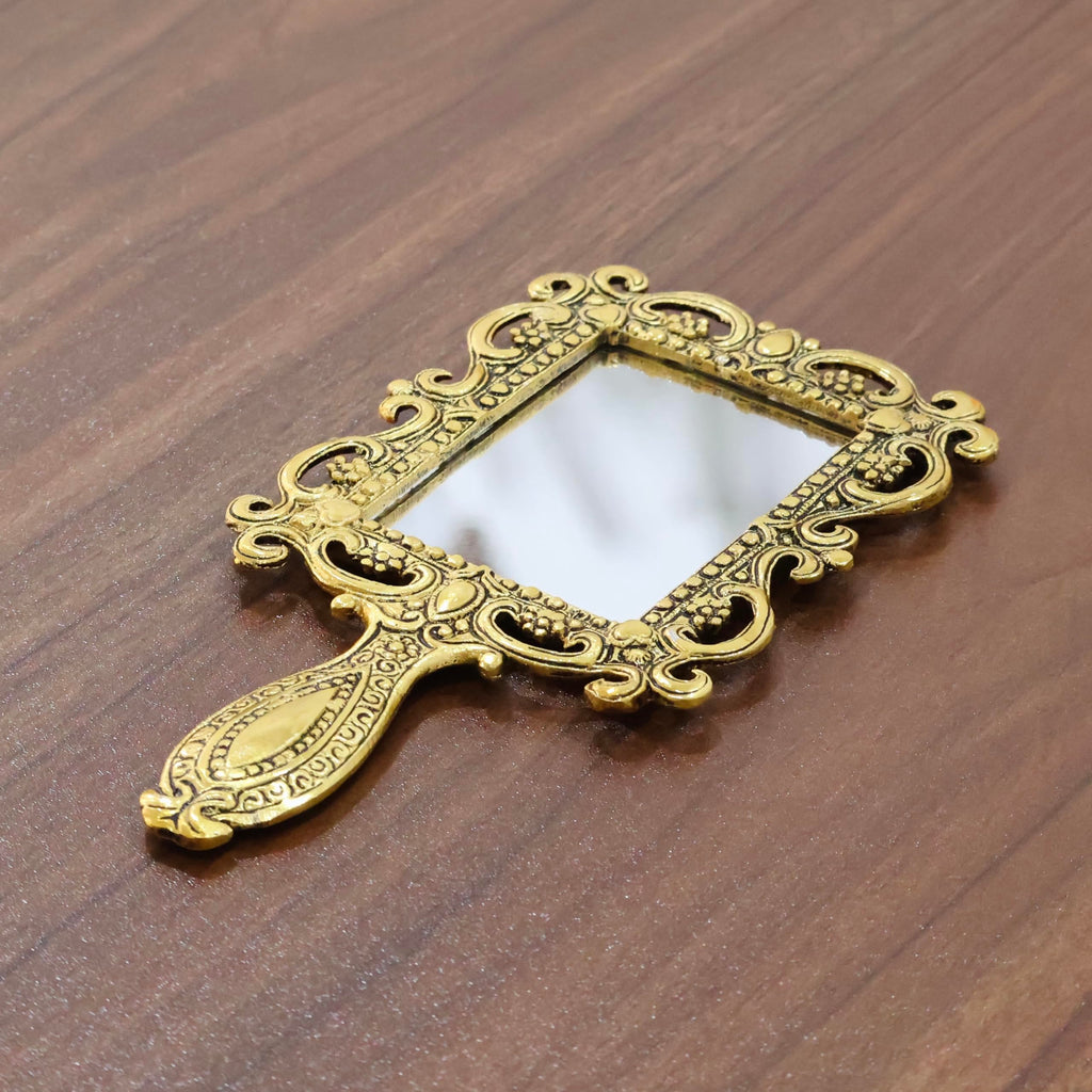 KridayKraft Beautifully Carved Square Shape Gold Plating Metal Hand Mirror for Makeup, Travelling, Salon Mirror & Decorative Antique Item, framed