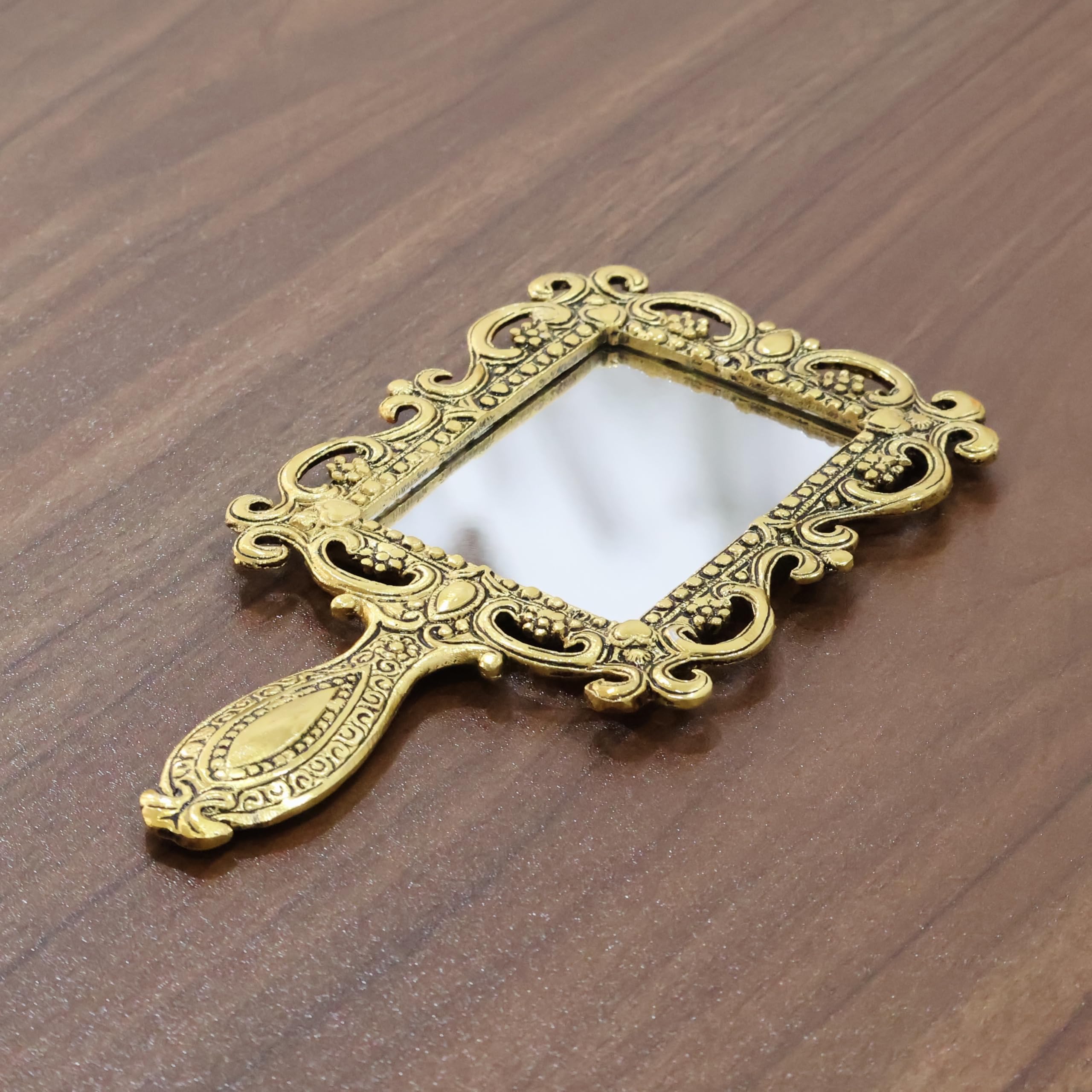 KridayKraft Beautifully Carved Square Shape Gold Plating Metal Hand Mirror for Makeup, Travelling, Salon Mirror & Decorative Antique Item, framed