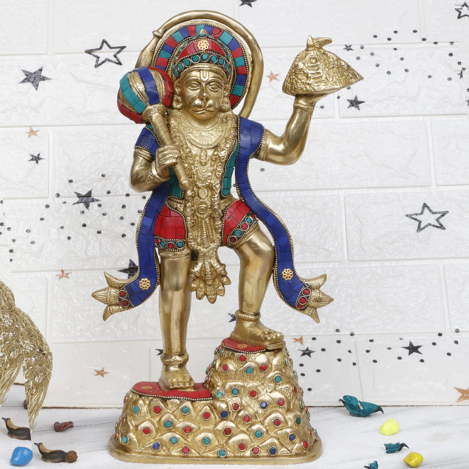 ARTVARKO Hanuman ji Idol with Gandhmardn Hill Brass Bajrang Bali Sankat Mochan Dronagiri Sumeru Hill for Home Decor Office Entrance Temple Mandir Pooja Puja 14.5 Inch