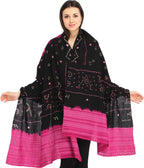 Exotic India Women's Bandhani Tie-Dye from Kutch with Embroidered Mirrors Pure Wool Shawl (SWG08--black-and-carmine)