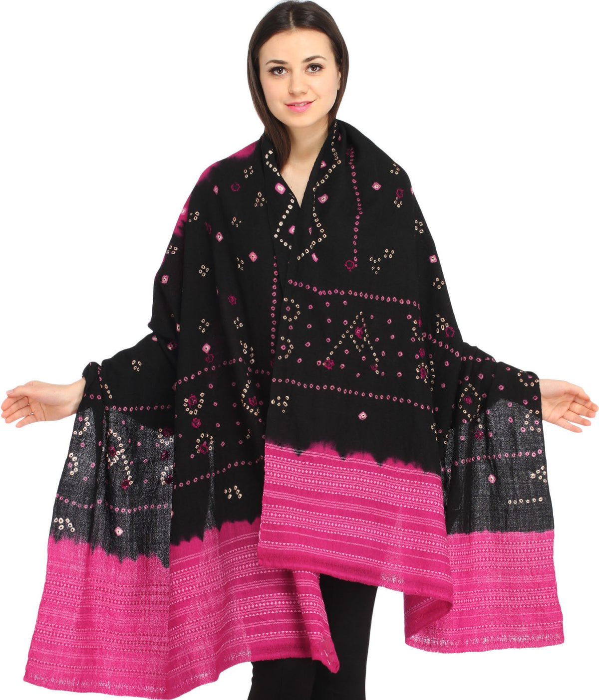 Exotic India Women's Bandhani Tie-Dye from Kutch with Embroidered Mirrors Pure Wool Shawl (SWG08--black-and-carmine)