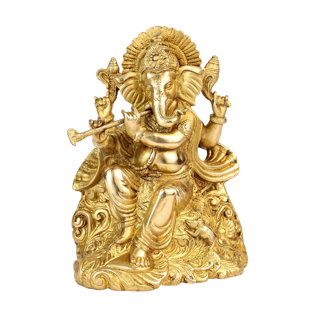 ARTVARKO Brass Ganesha Bhagwan Playing Flute Sitting Ganesh Statue Moorti for Temple Puja Home Office Marriage Gift Size 8