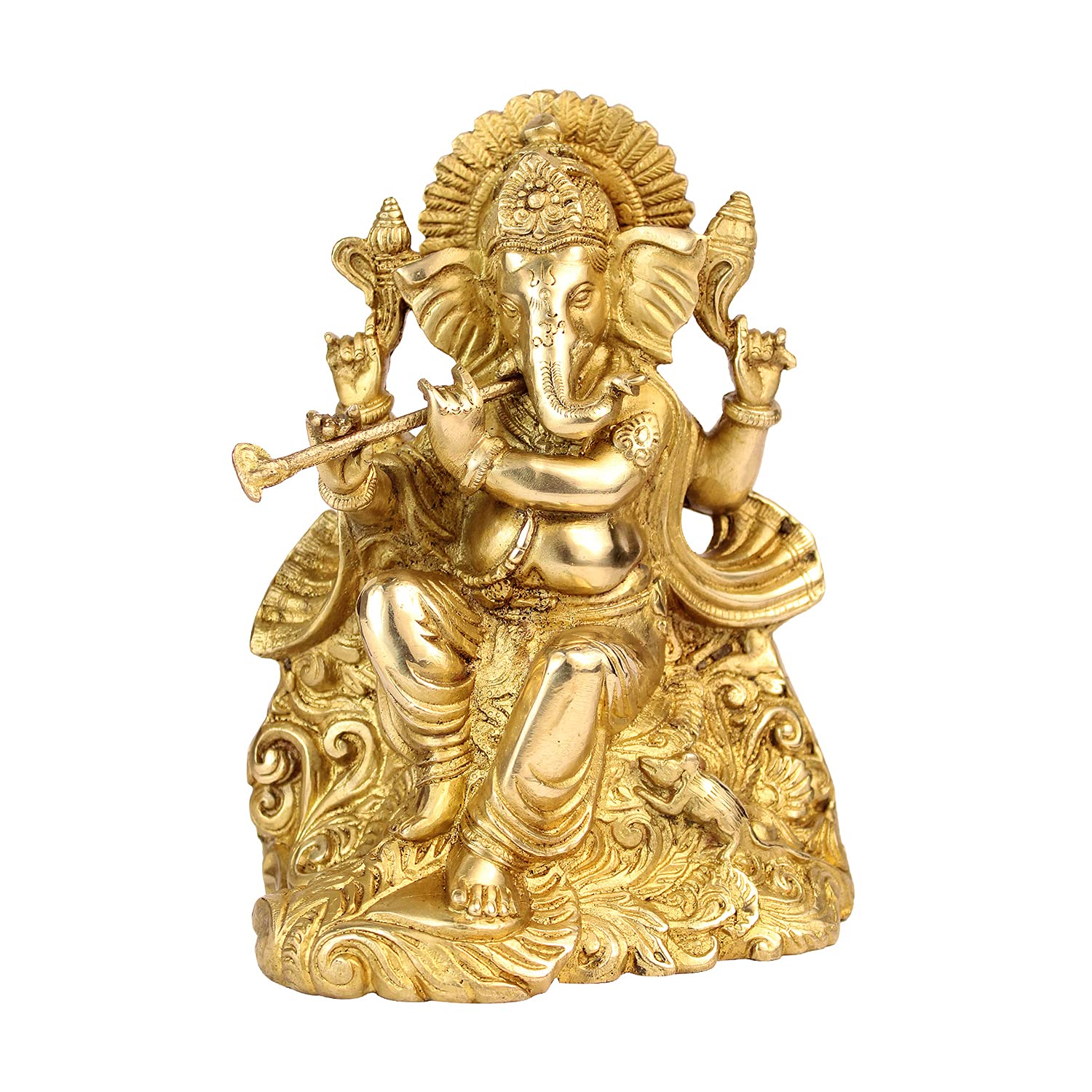 ARTVARKO Brass Ganesha Bhagwan Playing Flute Sitting Ganesh Statue Moorti for Temple Puja Home Office Marriage Gift Size 8