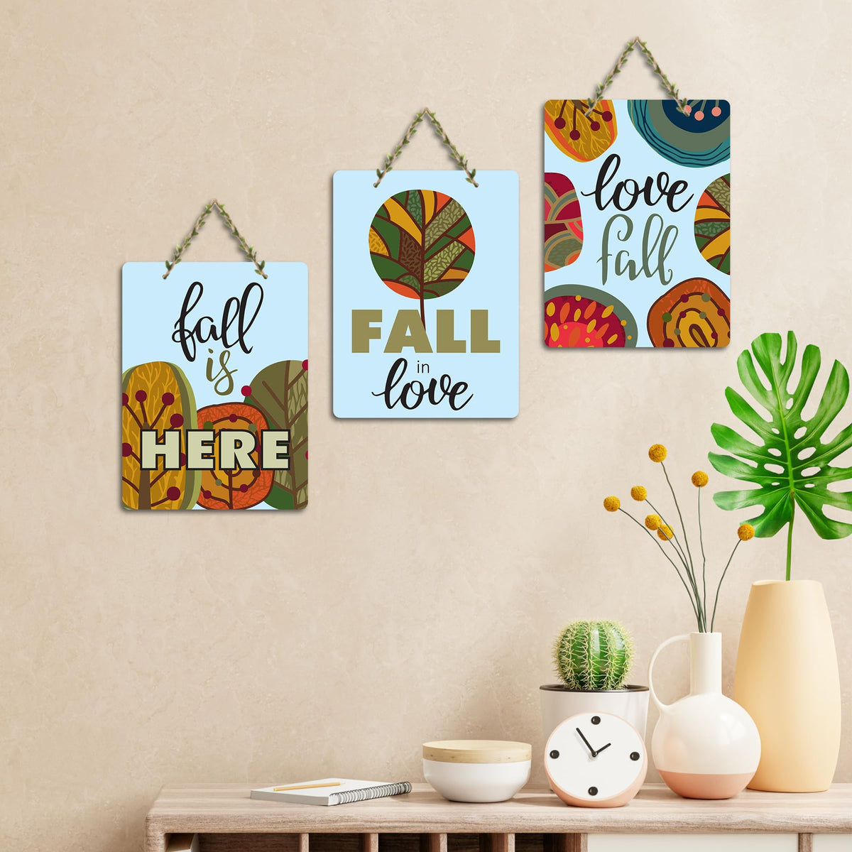 Artvibes Fall In Love Printed Wooden Wall Art For Home Decor | Valentine's Day | Quotes Decor Item | Gift Items For Girlfriend Boyfriend Husband Wife | Art Piece | Wall Art Print (WH_9602N), Set of 3