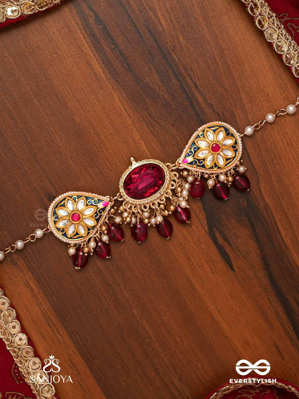 SANJOYA BY EVERSTYLISH Nilachandrika Moonlight Of The Blue Sky Handmade Kundan Set With Necklace And Earrings Lightweight Jewelry For Women | Party, Festive, Wedding & Gifting (Red)