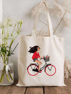 PB Pearlbags Canvas Tote Bag With Zip For Women, Duplex Printed Tote Bags for Women For Travelling, Shopping and College, Eco-friendly Stylish Modern Canvas Tote bags Cycle-White