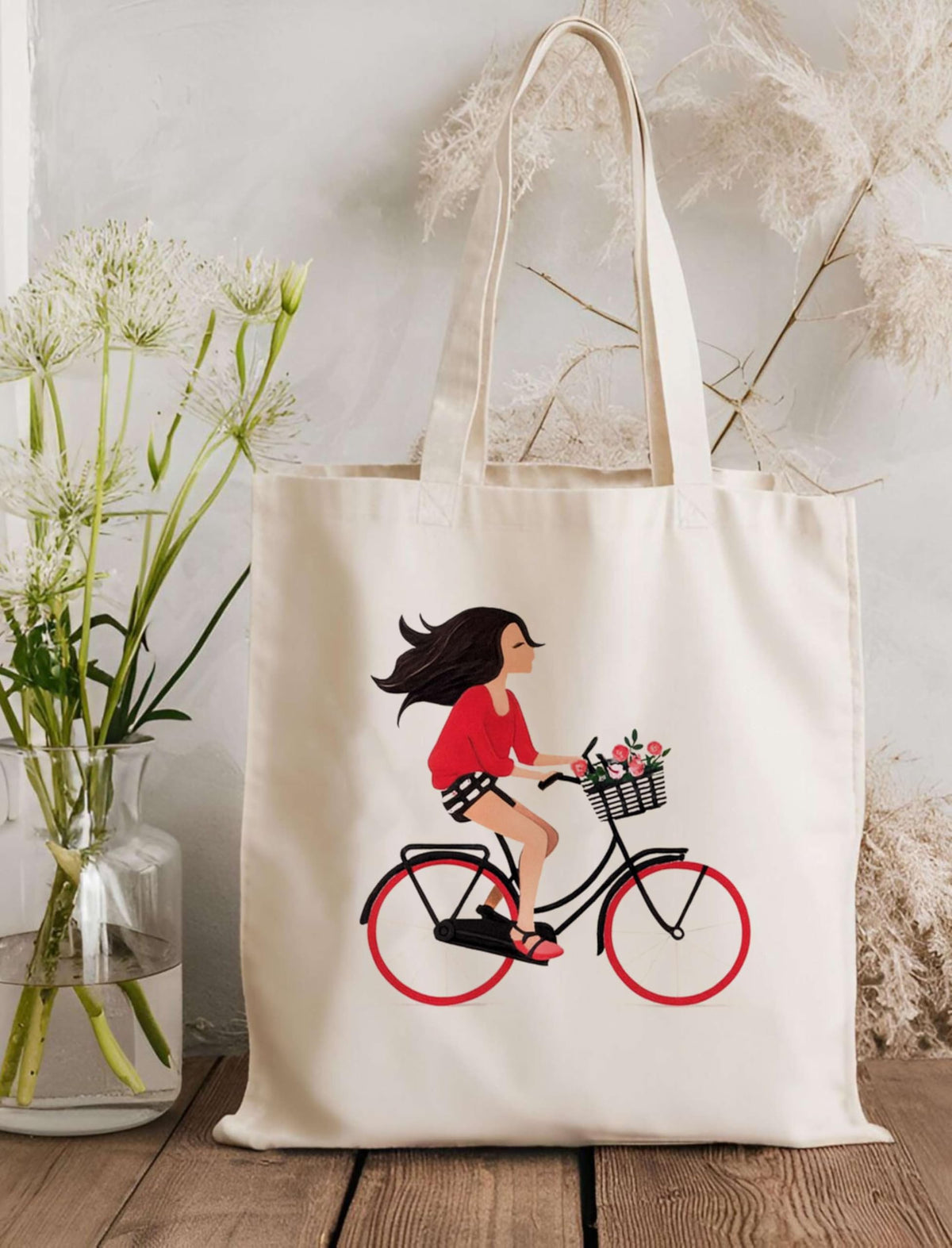 PB Pearlbags Canvas Tote Bag With Zip For Women, Duplex Printed Tote Bags for Women For Travelling, Shopping and College, Eco-friendly Stylish Modern Canvas Tote bags Cycle-White