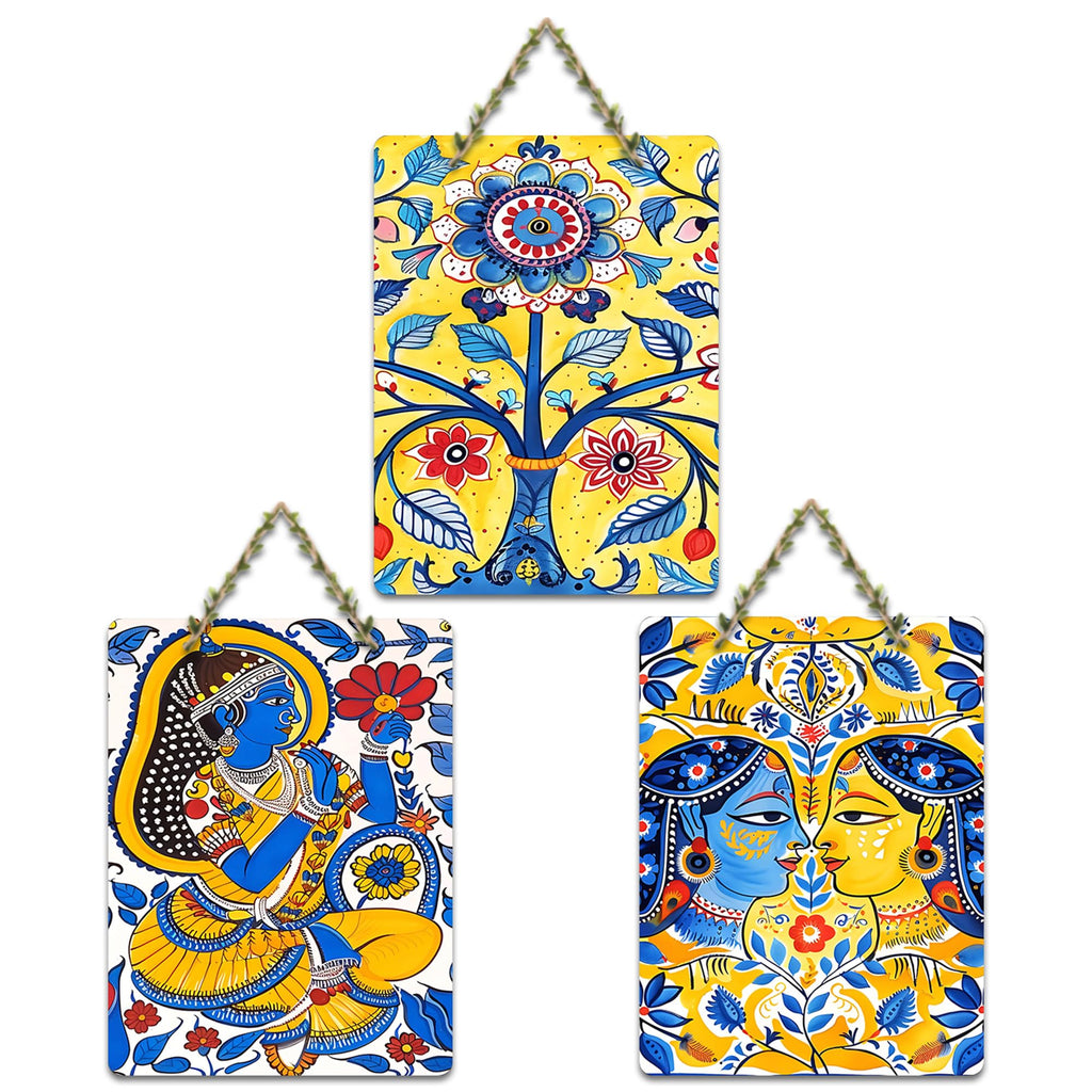 Artvibes Traditional Indian Aesthetic Folk Art Wooden Wall Hanger for Home Decor | Art For Wall | Wall Sculpture | Signs & Plaques | Festive Decor | Wall Poster | Unique Gift (WH_96183N), Set of 3