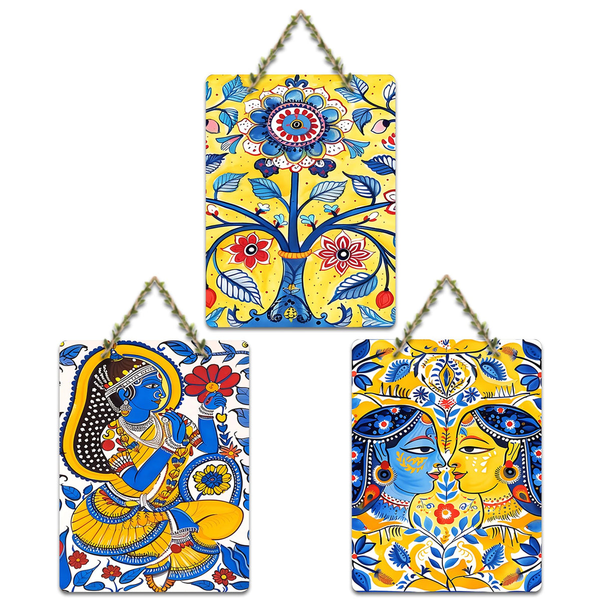 Artvibes Traditional Indian Aesthetic Folk Art Wooden Wall Hanger for Home Decor | Art For Wall | Wall Sculpture | Signs & Plaques | Festive Decor | Wall Poster | Unique Gift (WH_96183N), Set of 3