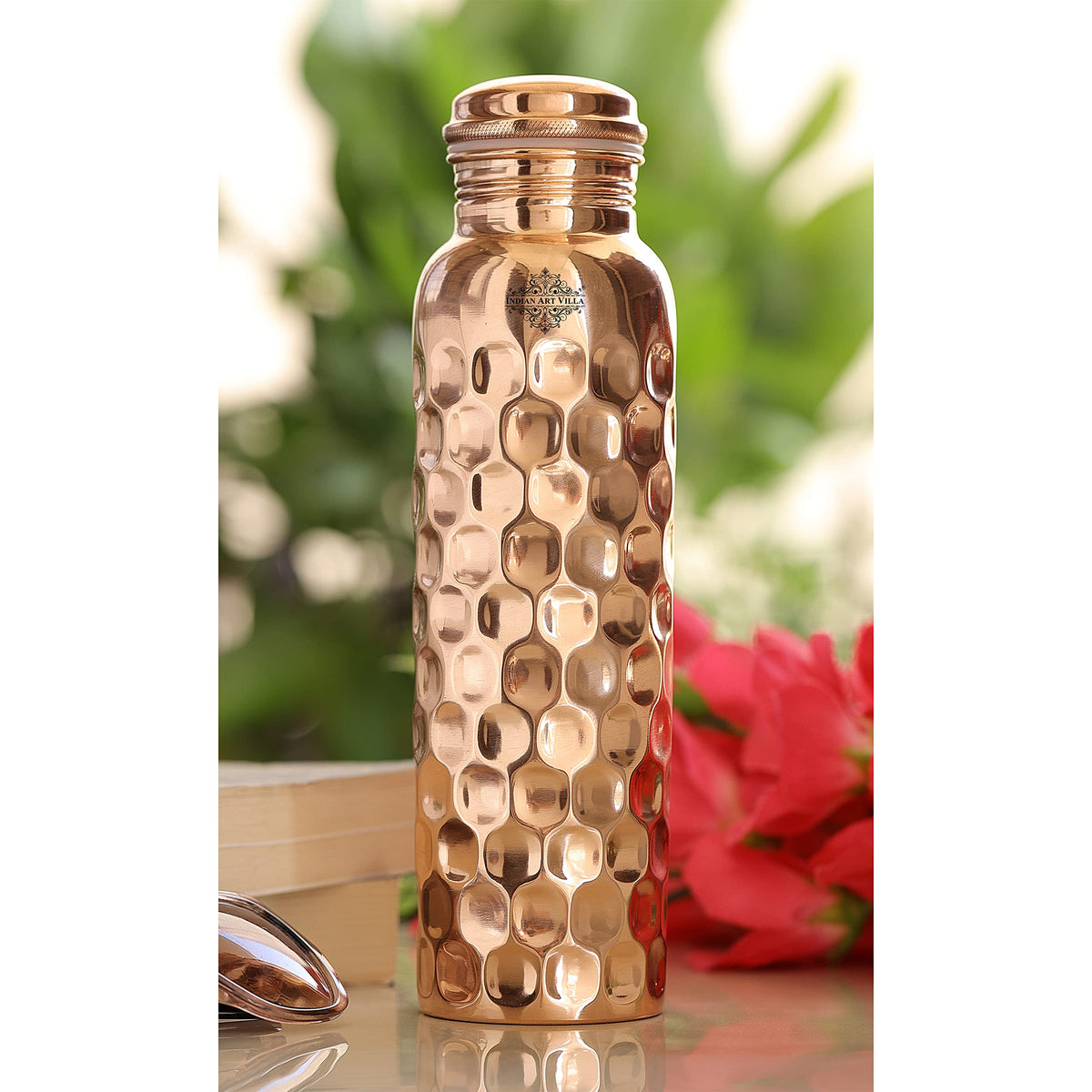 Indian Art Villa Copper Water Bottle – 1000 ML, Mirror Shine Finish, Lacquer Coated Diamond Design, Ayurvedic Pure Copper Bottle for Daily Use, Drinkware, Perfect for Home, Office and Travel, Set of 1