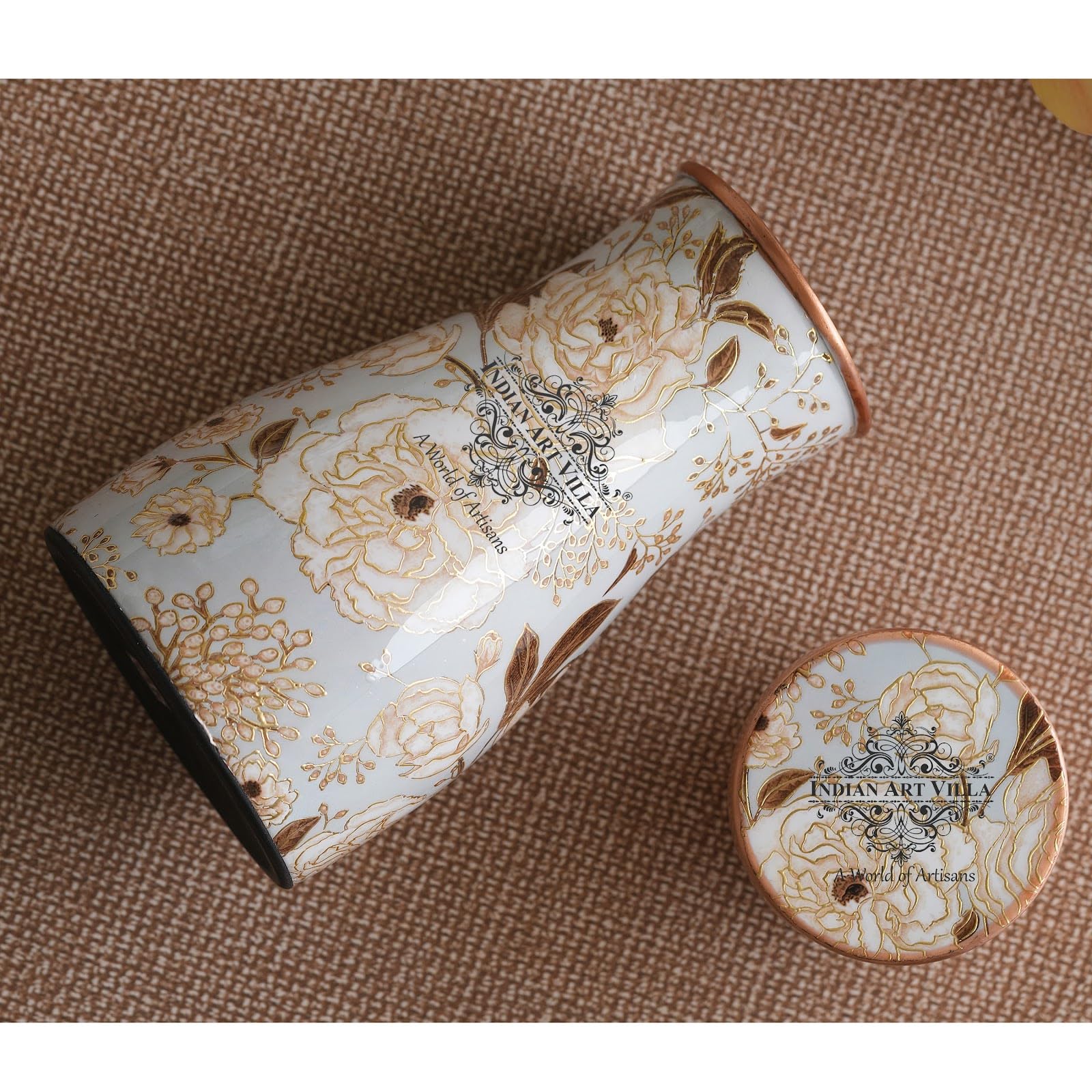 INDIAN ART VILLA Gold Flower Print Copper Water Bedroom Bottle, Designer Copper Drinkware, Volume- 950 ML