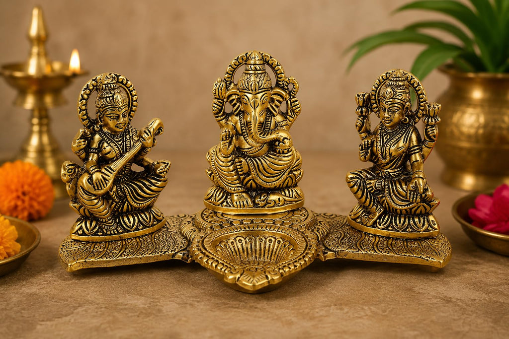 KridayKraft Laxmi Ganesh Saraswati Idol Decorative Platter with Diya and Agarbatti Stand – Perfect Diwali Gift for Pooja, Home Décor, and Festive Celebrations