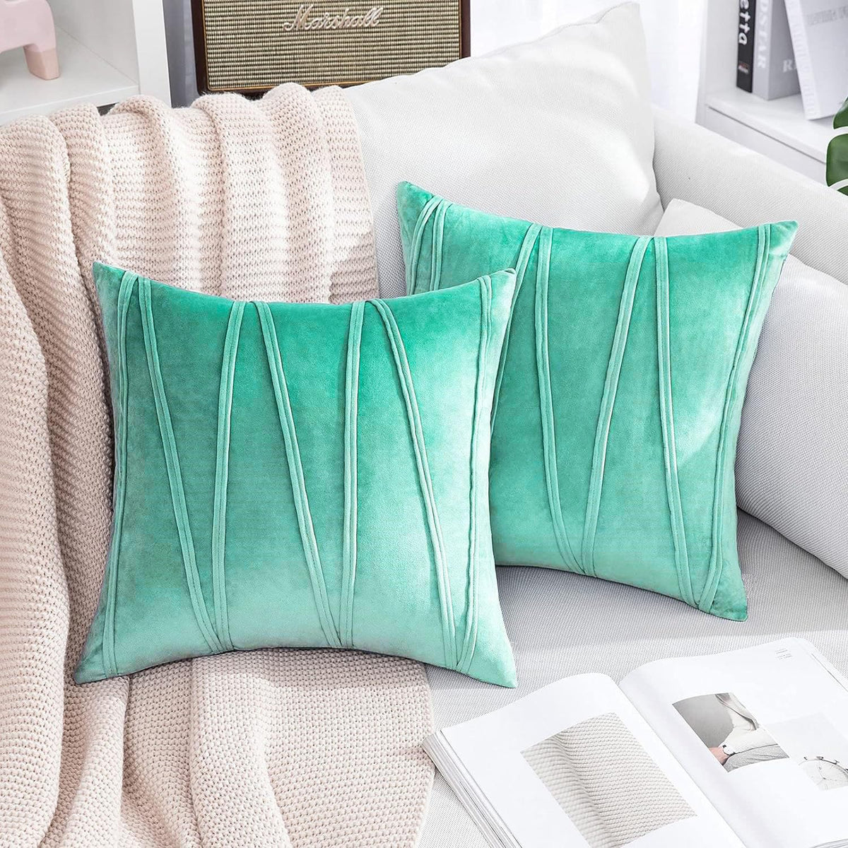 Khooti Velvet Striped Cushion Cover Pack of 1-30X30/76X76 Cm | Teal Green | Soft Pillow Covers Cushion Case for Sofa Bedroom Living Room Chair Car, Cushion Cover with Zig Zag Pattern