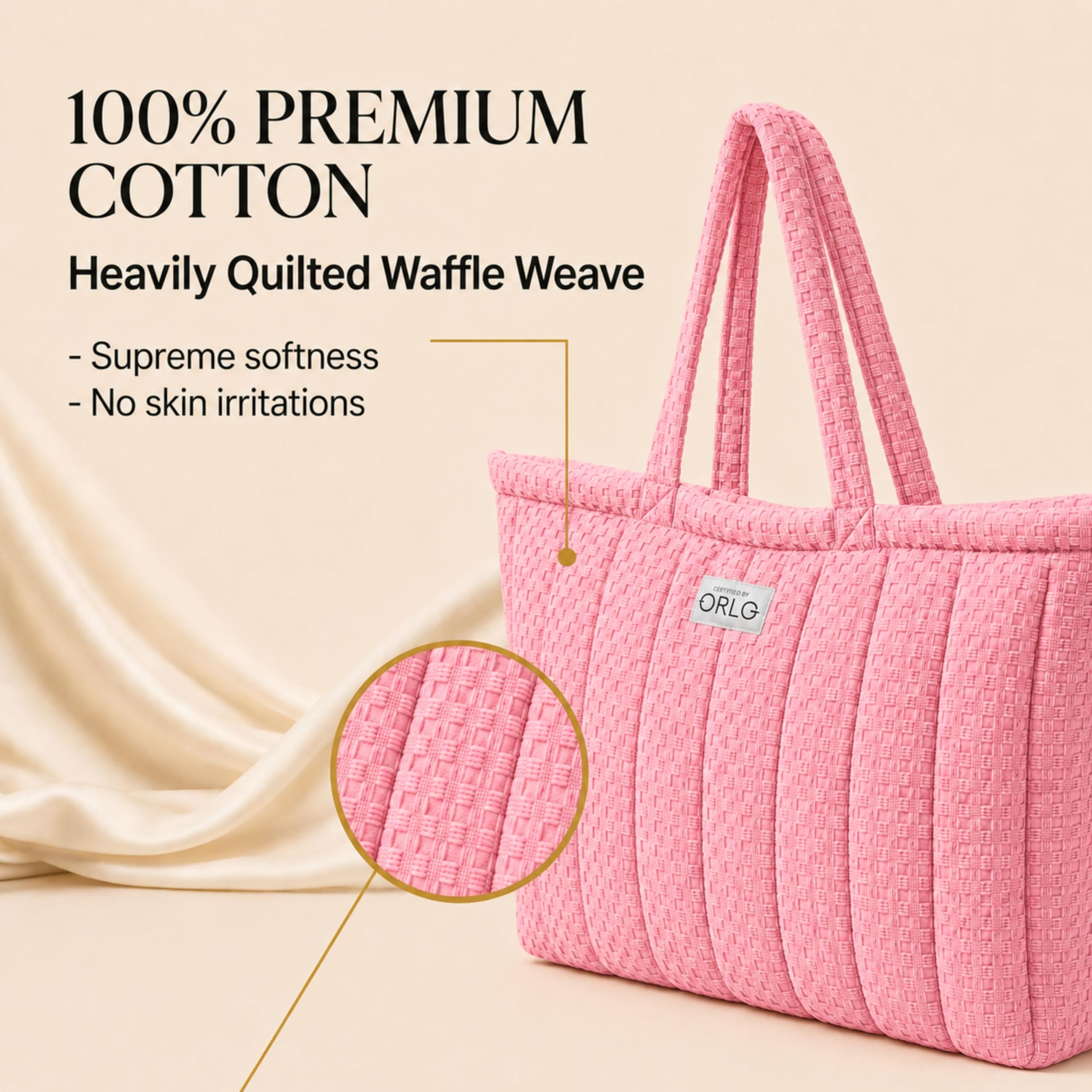 HOUSE OF ORLO Women's Cotton Quilted Aesthetic Western Tote Bags, Waffle Weave Handmade With Zipper & Double Handles For Women & Girls, Daily Use Handbag For College/Travel/Work (Pastel-Pink)