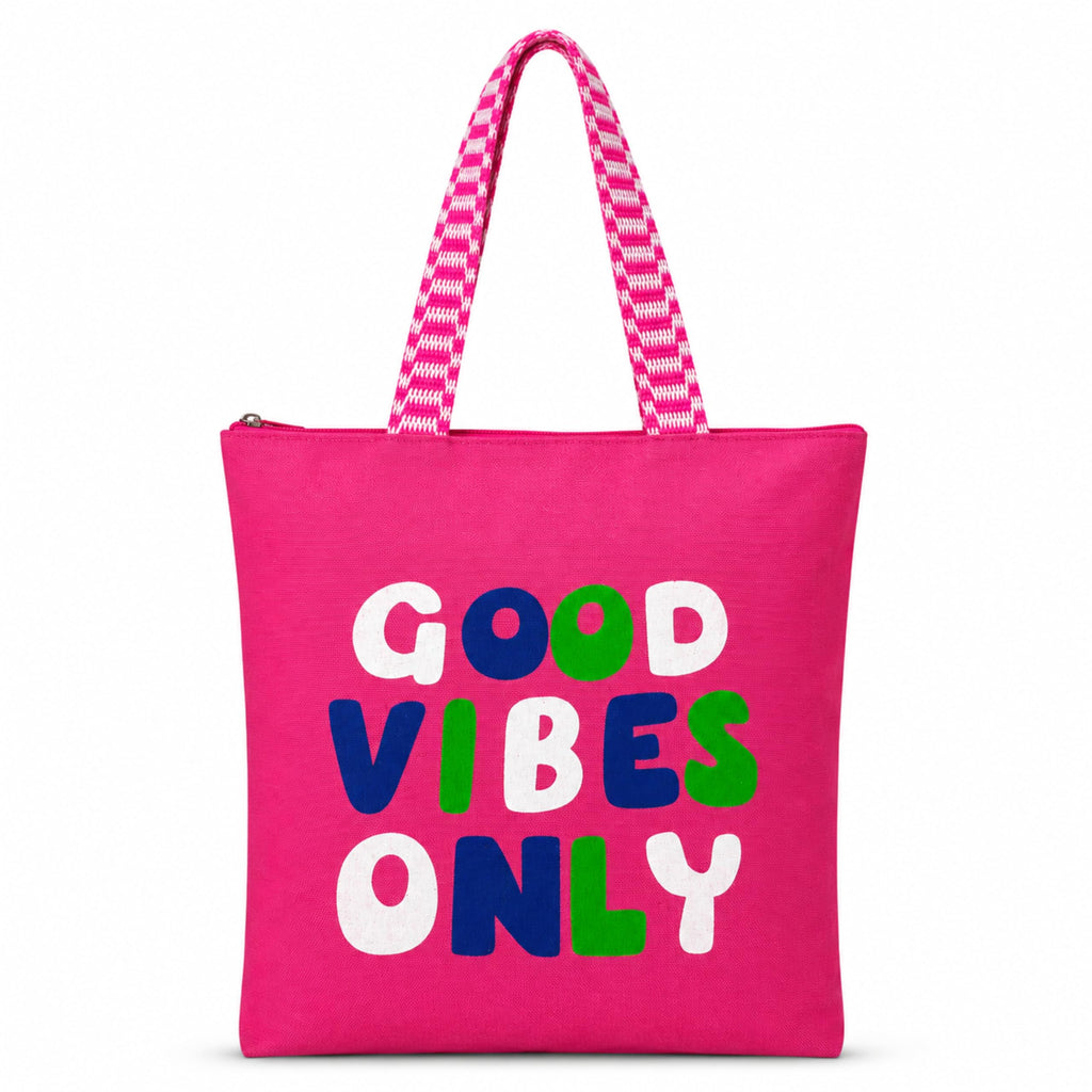cantainoo Tote Bags | 300 GSM Canvas Tote Bag for Women | Tote Bags for Women | College, Shopping, Office & Everyday Carry Bag (Good vibes-pink, Medium Pack of 1)