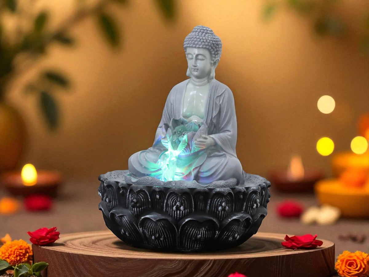 KridayKraft Meditating Buddha Water Fountain Idol Polyresin Lotus Water Fountain Showpiece for Home Garden Living Room Decor Decoration Gift Items, 24 CM