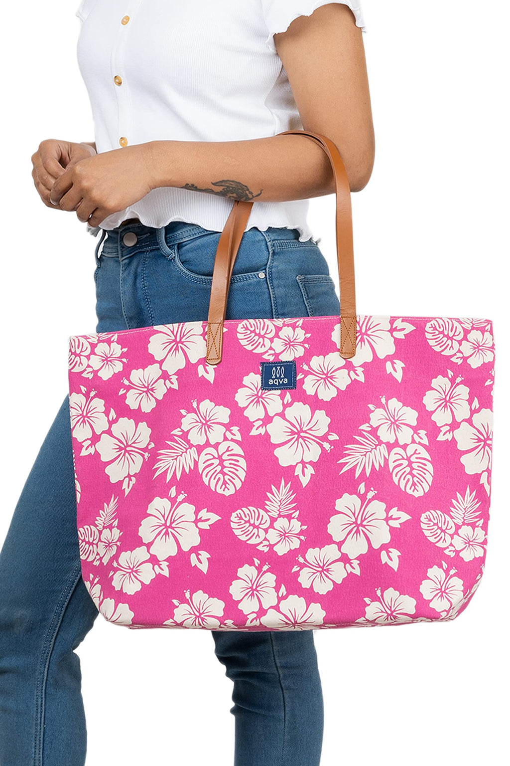 AQVA Printed Cotton Canvas Tote Bag for Women | Trendy Stylish Handbag with Zipper & Inner Pockets | Large Shoulder Bag for Shopping, Beach, Travel, Office, Work | Floral, (Jardin Hot Pink)