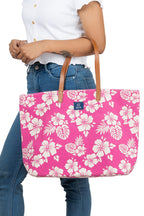 AQVA Printed Cotton Canvas Tote Bag for Women | Trendy Stylish Handbag with Zipper & Inner Pockets | Large Shoulder Bag for Shopping, Beach, Travel, Office, Work | Floral, (Jardin Hot Pink)