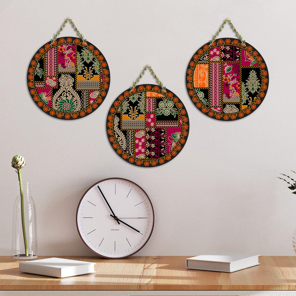 Artvibes Floral Art Round Shape MDF Wooden Wall Decor Items | Living Room | Office | Cafe | Scenery For Drawing Room | Aesthetic Wooden Decor | Ethnic Wall Decor | Gift Items (WH_9906N), Set of 3