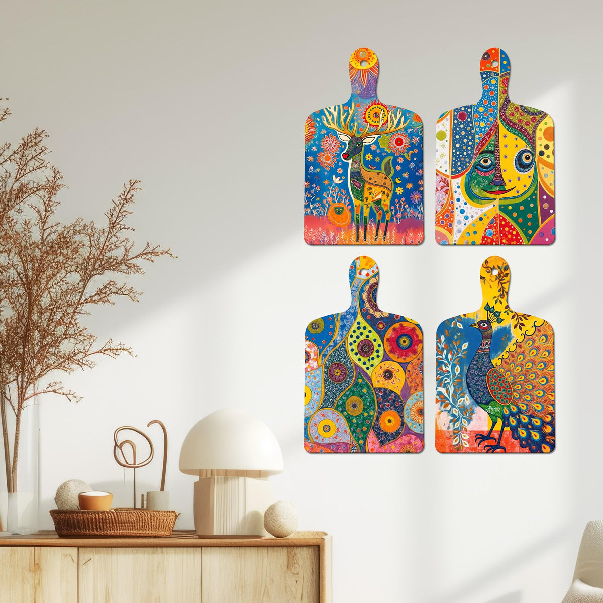 Artvibes Deer, Peacock & Nature Theme Wooden Art Decoration Item for Home | Art For Wall | Wall Sculpture | Signs & Plaques | Festive Decor | Wall Art Print | Unique Gift Items (WH_5658N), Set of 4