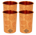 INDIAN ART VILLA Pure Copper Plain Glass with Magical Floral Design, Drinking Serving Water, Yoga Ayurveda, Volume-300 ml, Pack of 4