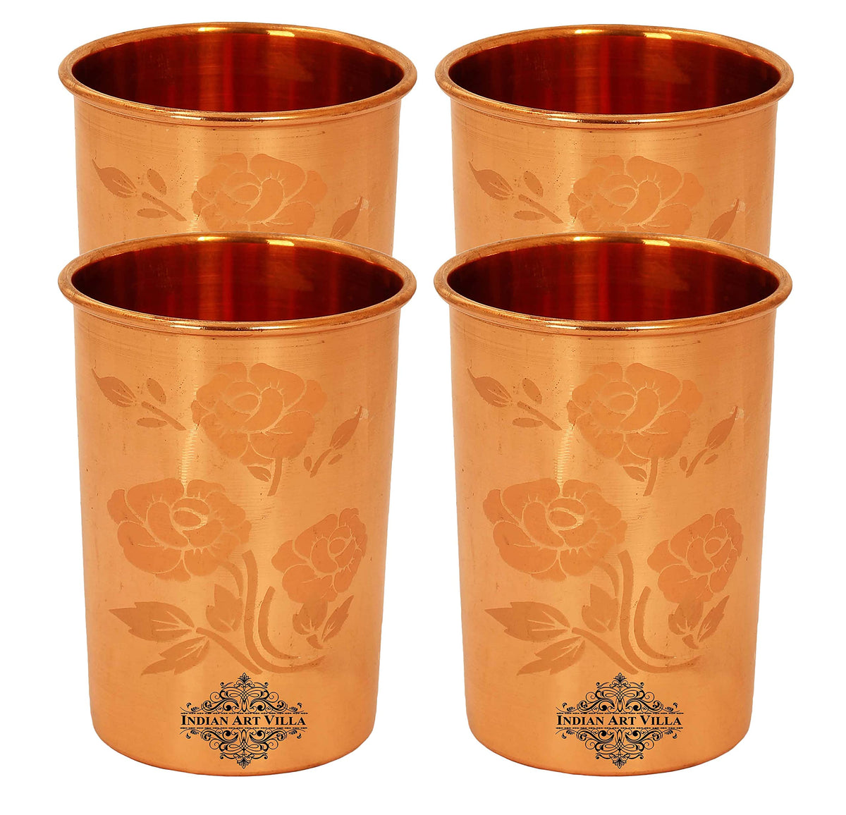 INDIAN ART VILLA Pure Copper Plain Glass with Magical Floral Design, Drinking Serving Water, Yoga Ayurveda, Volume-300 ml, Pack of 4