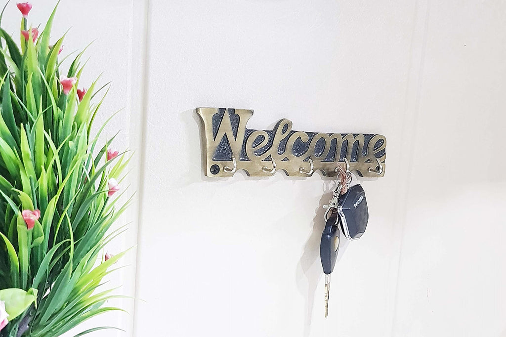 KridayKraft Metal Welcome Printed Key Holder for Living Room Bedroom Entrance Home Office Walls Décor Wall Hanging Key Hooks Wall Sculpture Modern Wall Art for Decoration & Gifting Purpose