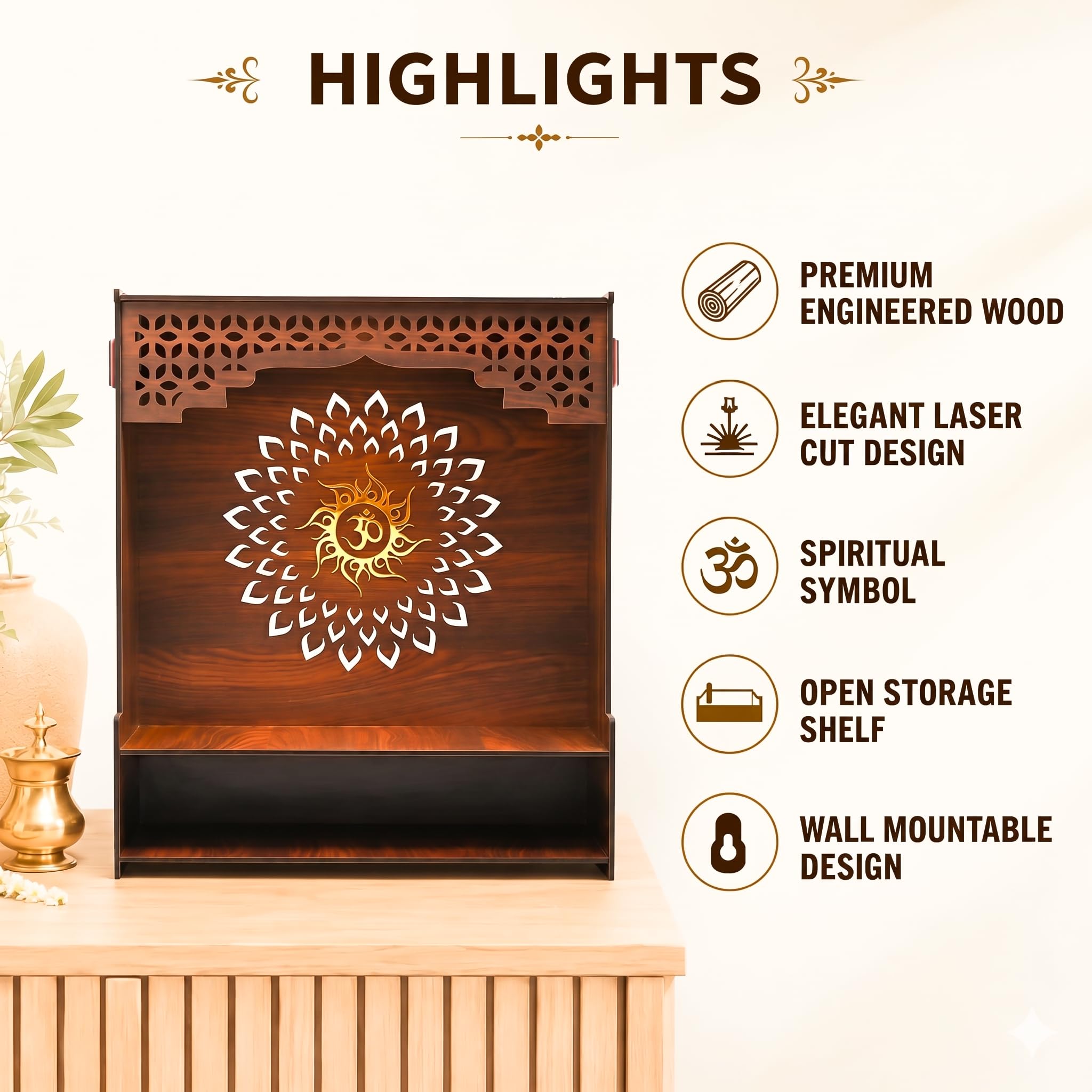 Gift Kya De GKD Wooden Beautiful Pooja Stand for Home Mandir | Floral Om Temple for Home and Office Puja Mandir for Office Wall with LED Spot Light Product (H- 18, L- 16, W-8.75 Inch) (Floral Om)
