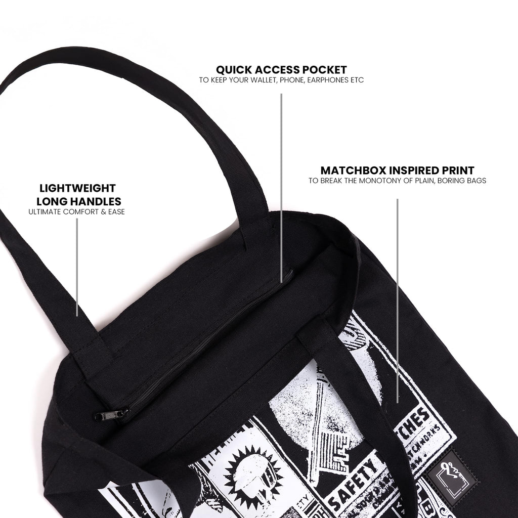 Dedh Shana The Jhola 2.0 - Maachis - Tote Bag, Off-white, 100% Cotton Canvas, 35.5x40.5 cm, 10 Litres (Koyla Black)
