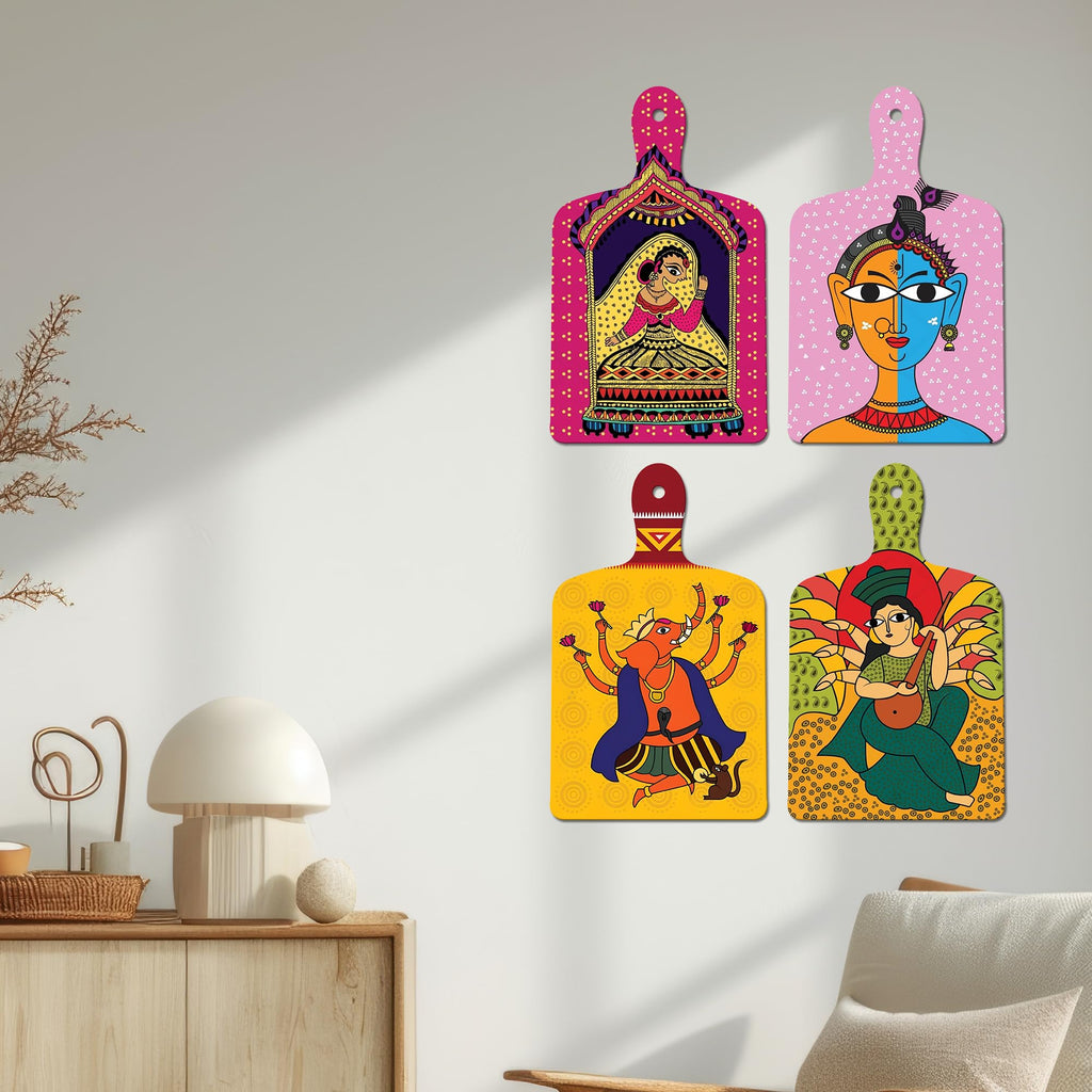 Artvibes Lord Ganesha & Mooshak Raj Ethnic Indian Classical Art Auspicious Wooden Art Work Wall Hanging | Spiritual Decor Items | Paintings | Wall Poster | Unique Gift Items (WH_5641N), Set of 4