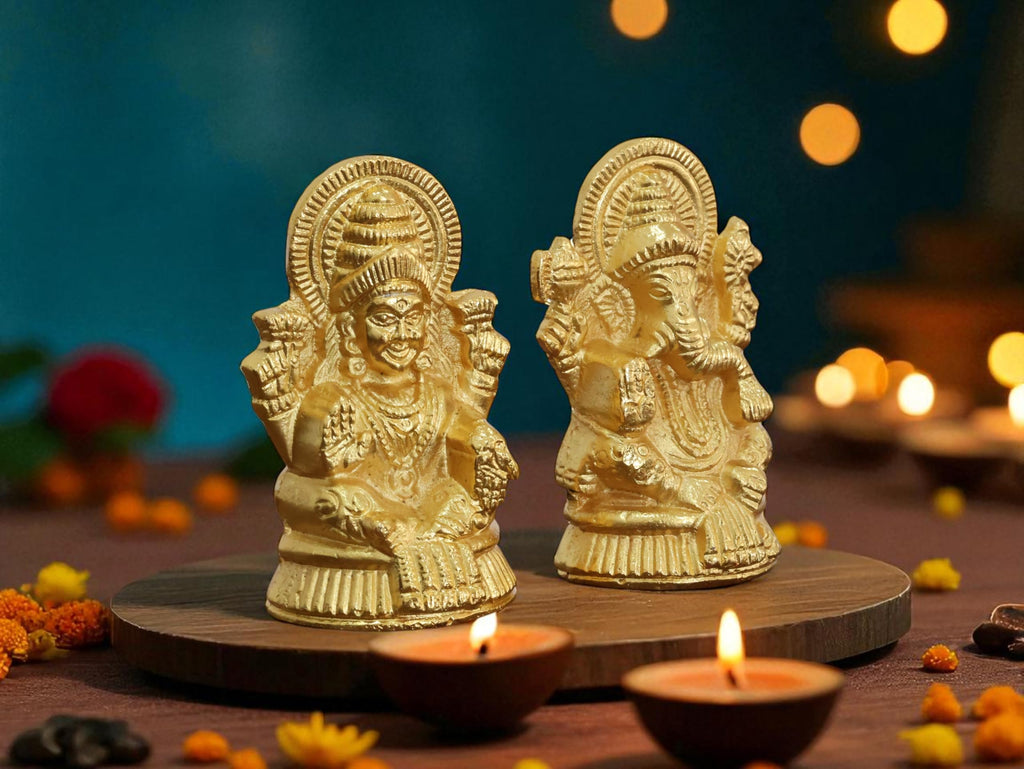 KridayKraft Metal Lakshmi & Ganesha Idol Pair – Gold-Finish Mini Statues (7.5 cm × 4 cm Each), 160 g – Auspicious Home Puja Decor & Diwali Gift