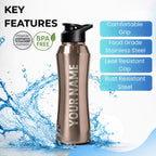 Speedex Customised Engraved Name Stainless Steel Water Bottle 1 Ltr – Personalised Sipper Cap Bottle for Kids, Men & Women, School, Gym, Travel, BIS Approved, Copper Gold, Set of 1