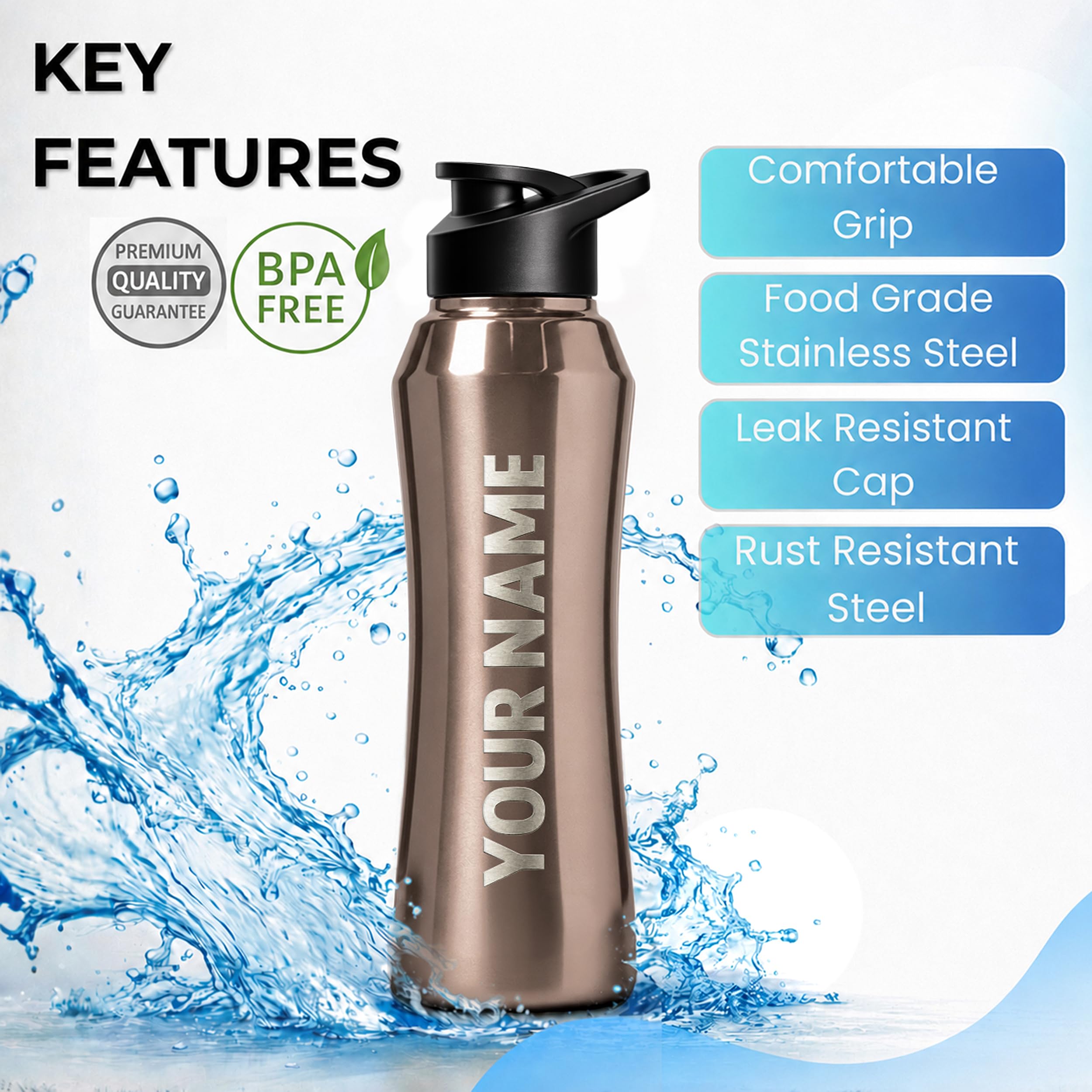 Speedex Customised Engraved Name Stainless Steel Water Bottle 1 Ltr – Personalised Sipper Cap Bottle for Kids, Men & Women, School, Gym, Travel, BIS Approved, Copper Gold, Set of 1