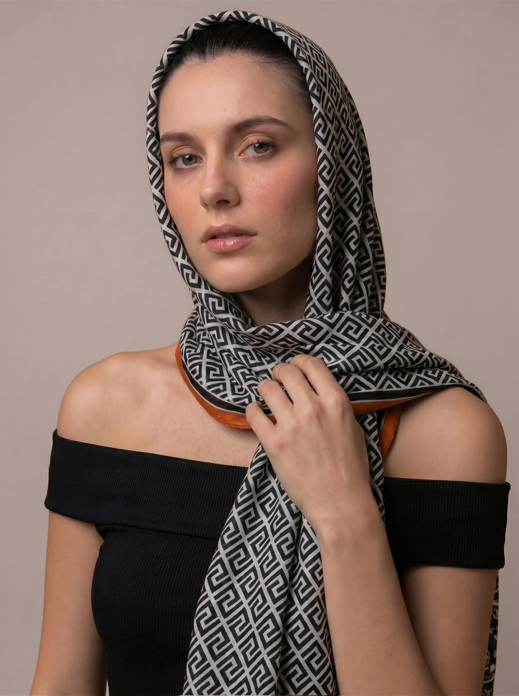 MORU Kyoto Urban Women's Monochrome Maze Scarf | Geometric Printed Stole & Soft Fashion Wrap | Lightweight Elegant Scarf