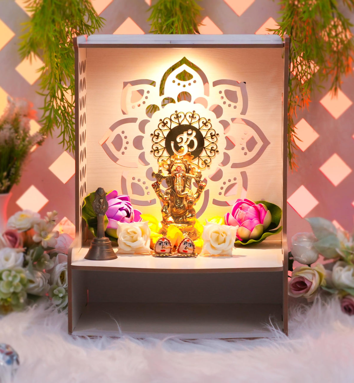 PIXELCRAFTS Folding Wooden Finish Wall Mount Temple/mandir for Office and Home (H 15.5X L 11.5X B 10.5) White (White 2)