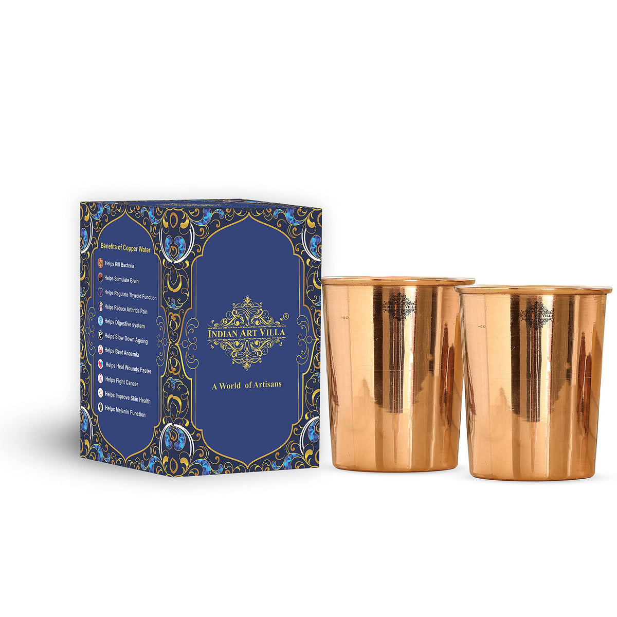 INDIAN ART VILLA Copper Plain Shine Finish Glass - 275 ML Tumbler, Copper Drinkware & Serveware, Ideal for Water Drinking, Perfect Gifting Option for Festivals and Special Occasions, Set of 2