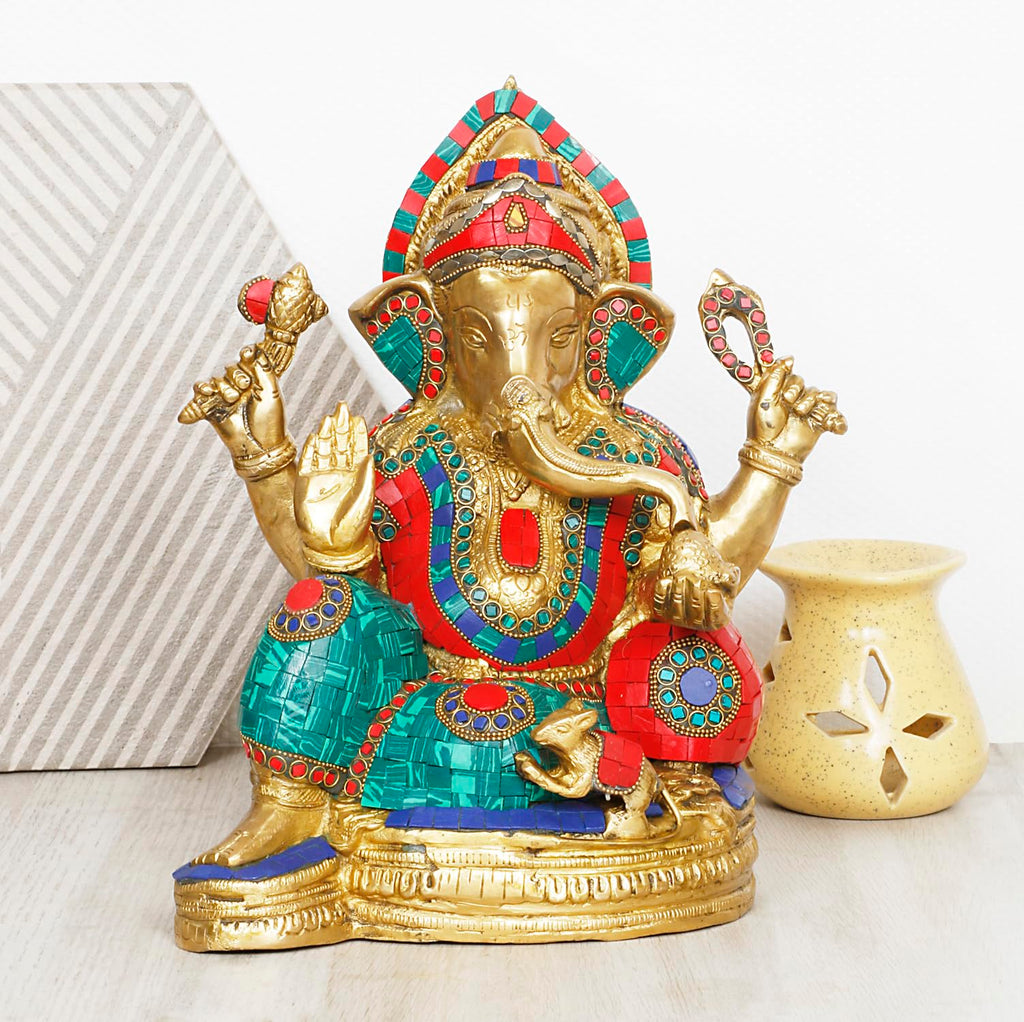 ARTVARKO Brass Mangalkari Ganesha Ganesh Murti Sitting in Blessing Ganpati Metal Statue for Home Office Living Room Entrance Decor Diwali 12 Inches