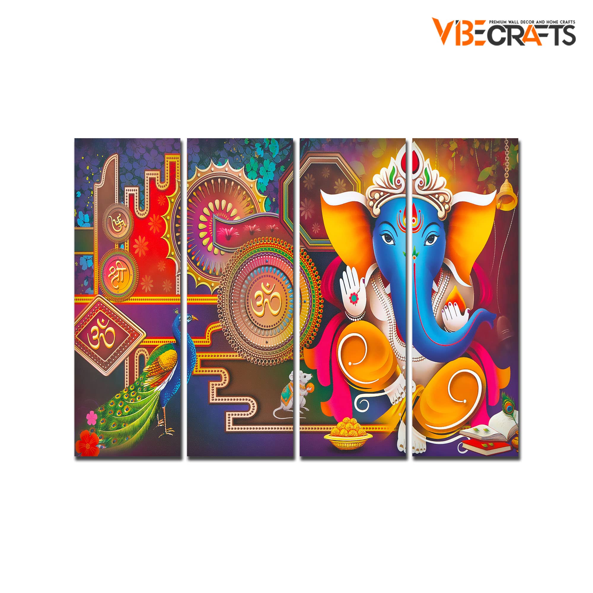 VIBECRAFTS Beautiful Shree Ganesha 4 Pieces Canvas Wall Painting Fitted With Wooden Frame For Home | Office | Living Room | Gift(PTVC4Pcs1_13528)