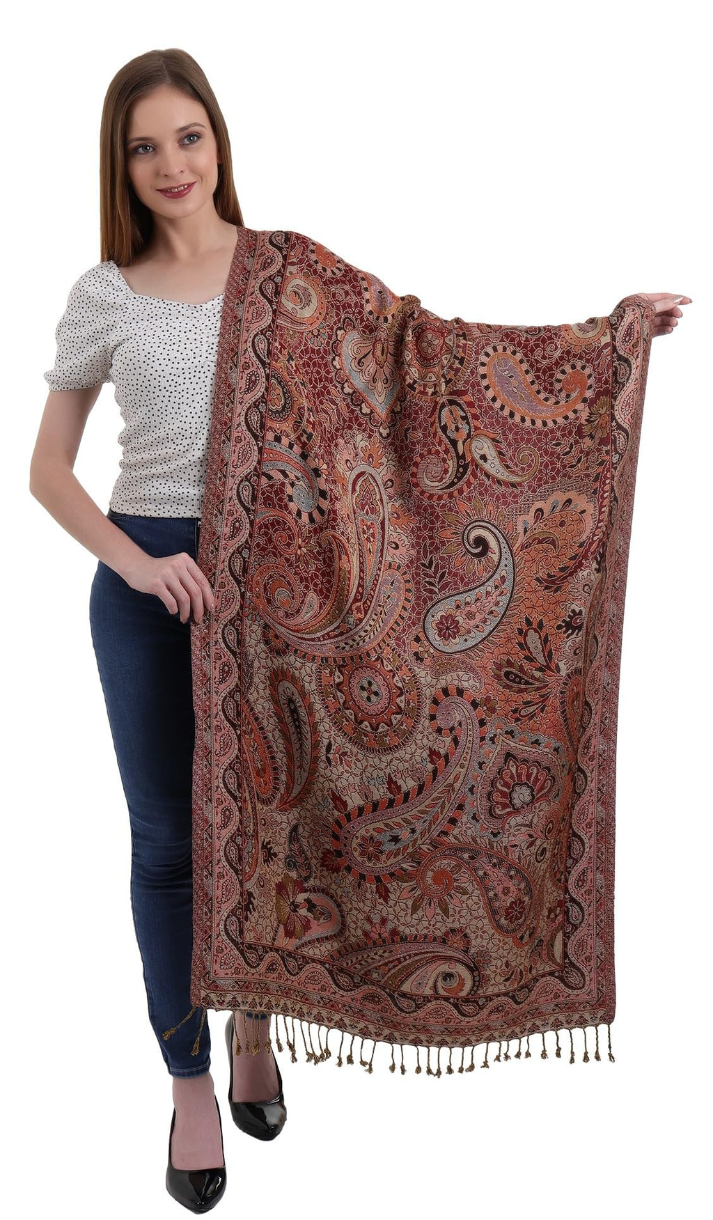 EH REVERSIBLE JAMAWAR MULTICOLOR VISCOSE SILK, FLORAL & PAISLEY SUPER SOFT PASHMINA STOLES/SCARF (MC 11)