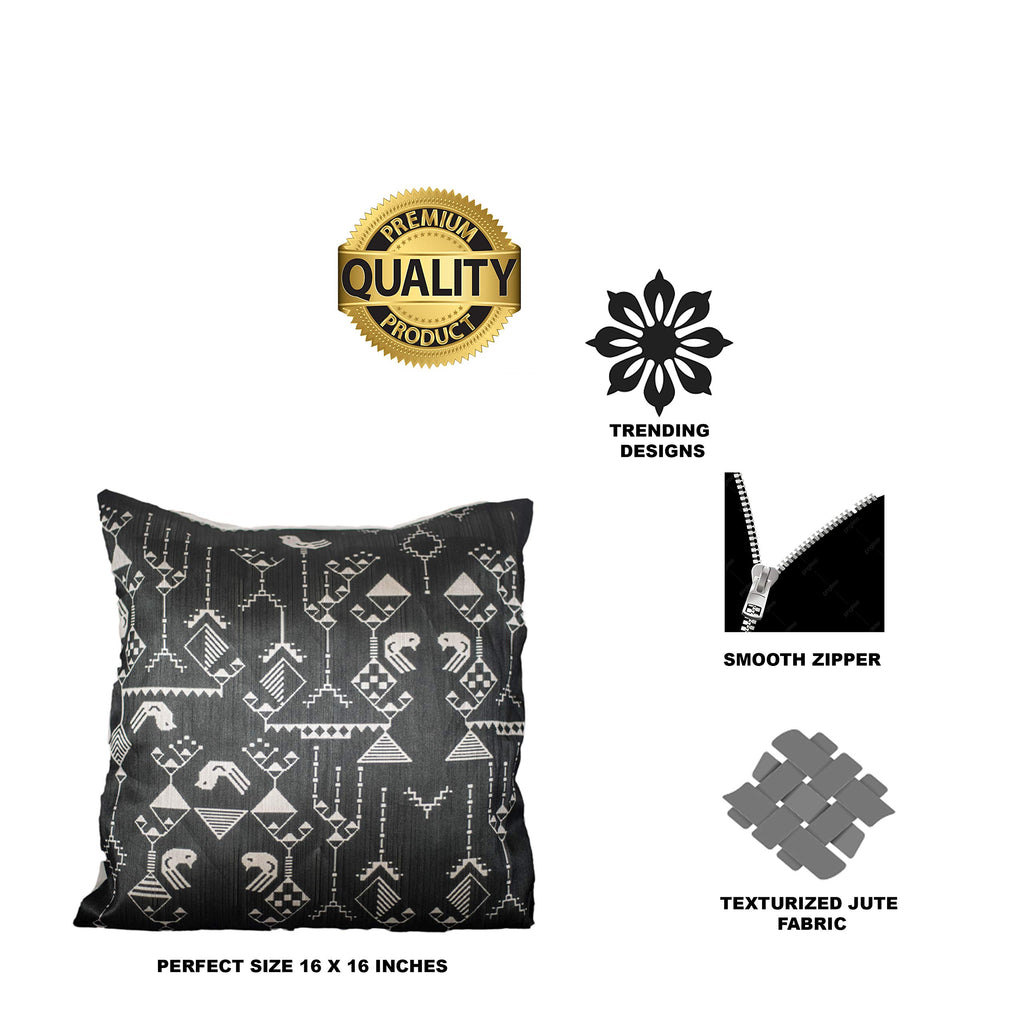 Vendola Decorative Satin Sofa Cushion Covers Set of 5, 20 Inch x 20 Inch, Sofa Cushion Pillow Cover, Black and White Colour, Tribal Design, Zipper Closure (Tribal, 20X20 Inches)