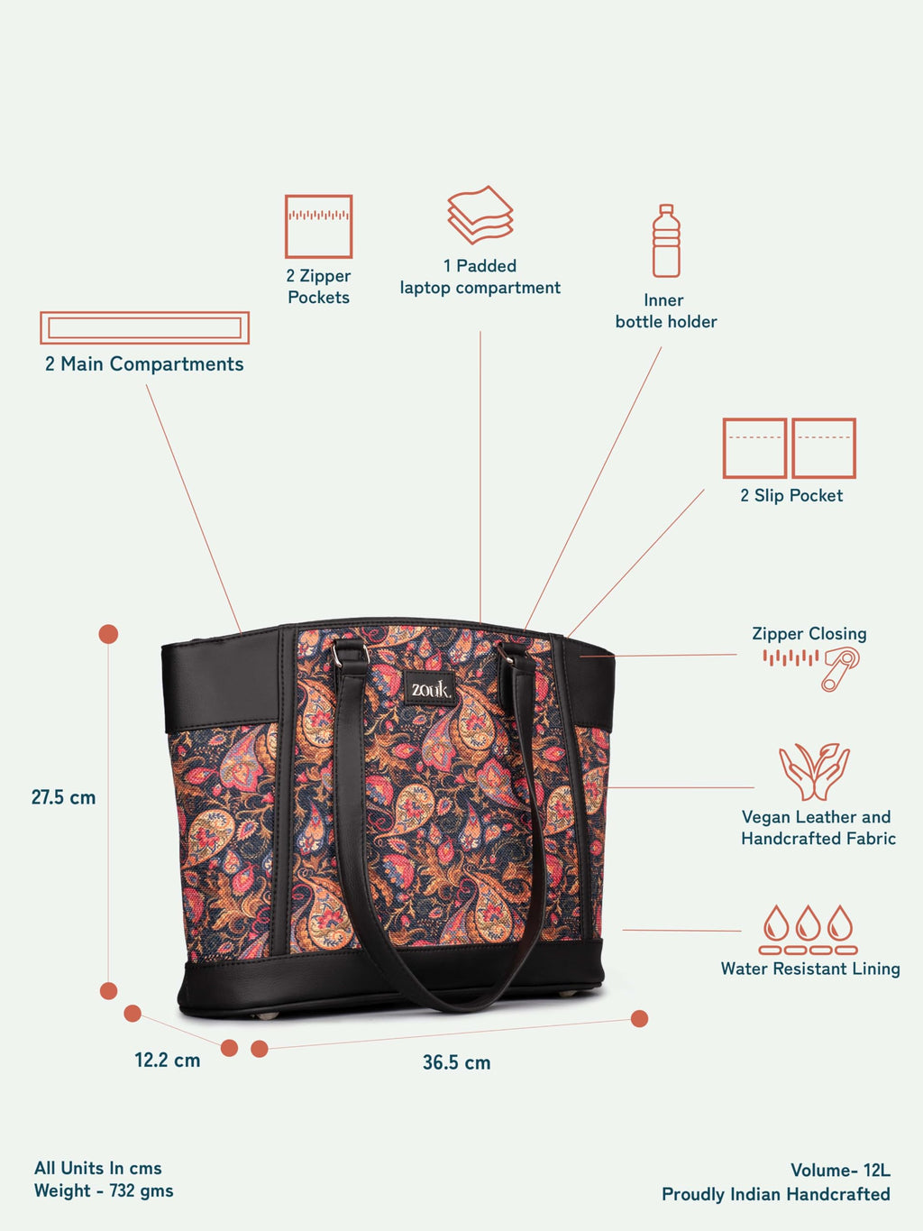 ZOUK Classic Commute Office Bag for Women | Stylish Tote Bag with Laptop Compartment | Handbag for Woman | Purse | Big Size Hand Bags | Stylish Business Bag for Office & Travel |Paisley Print